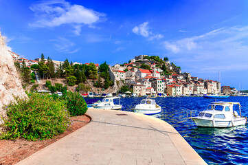 Sibenik, Croatia: Scenic view of the historic old town of Sibenik, waterfront view,  Adriatic sea, ...