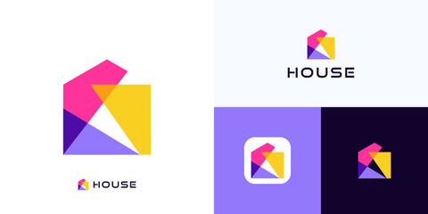 Creative modern home overlapping shapes with vibrant color concept, logo icon design vector element, Symbol house building sign geometric colorful for real estate, brand identity and business company