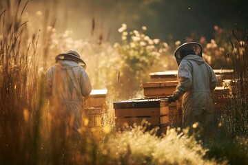Beekeepers working in a field during golden hour