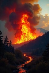 Fototapeta premium A raging wildfire engulfs a dry forest, creating a towering inferno and billowing smoke, threatening surrounding areas with destruction and ecological devastation , extreme weather, loss of habitat