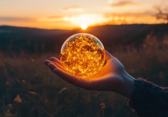 Hand holding a glowing sphere with network connections on a sunset background, symbolizing global connectivity and digital transformation in