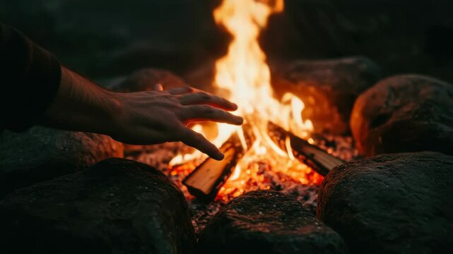 Warm campfire with burning wood and hand feeling heat. Campfire scene includes glowing embers and rocks surrounding flames. Campfire image ideal for travel blogs or outdoor adventure websites.