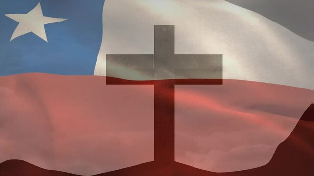 Wind gust causing Chile flag waving behind black cross while shifting opacity revealing flag colors