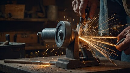 A person uses a modern grinder to cut iron, producing bright sparks in an industrial environment.

