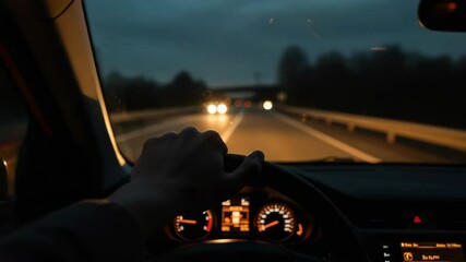 Night driving on highway road at dusk. Driver hand on steering wheel. Car dashboard lights illuminate interior. Night driving experience concept for safe driving campaigns.