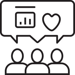 Three people icons under speech bubbles with chart and heart symbol, representing communication and feedback in team setting