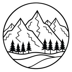 Obraz premium Mountain landscape with pine trees in a circular frame vector illustration