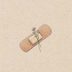 Hand-Drawn Band-Aid with Flower on Textured Background, Symbolizing Healing and Care