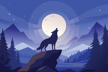 Wolf Howling at the Moon in a Blue Mountain Landscape Illustration