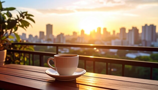 Sipping coffee on a balcony with blurred urban skyline morning ritual in a metropolitan environment - Powered by Adobe