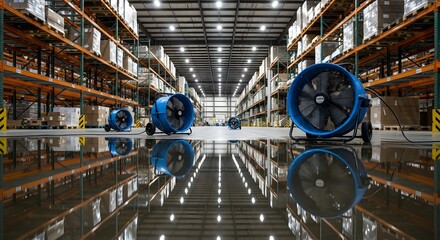 Industrial fans in a warehouse are used for water extraction and moisture control after flooding