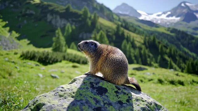 Alert Marmot Stands on Mossy Rock in Mountainous Green Landscape with Blue Sky