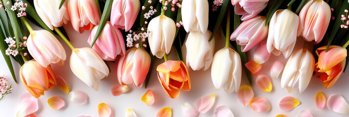 Seamless 2d pattern of pink and yellow tulips, alternating rows on white background background white on rows alternating. update