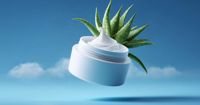 A cosmetology product jar is suspended in mid-air, featuring a smooth, white cream tipped with aloe vera leaves. The clear blue sky adds vibrancy, highlighting natural beauty and skincare.