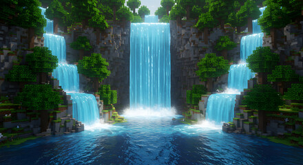 Majestic Blocky Waterfalls Flowing Through Lush Green Forest Landscape