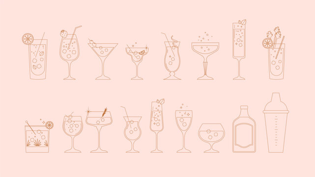 Vintage linear cocktail Icon set for bar and cocktail party designs