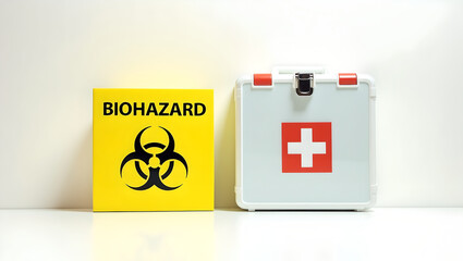 Yellow Biohazard Box and White First Aid Kit on White Background