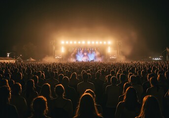 Obraz premium Wide angle landscape perspective of dense crowd facing distant stage with glowing lights creating atmospheric haze horizon