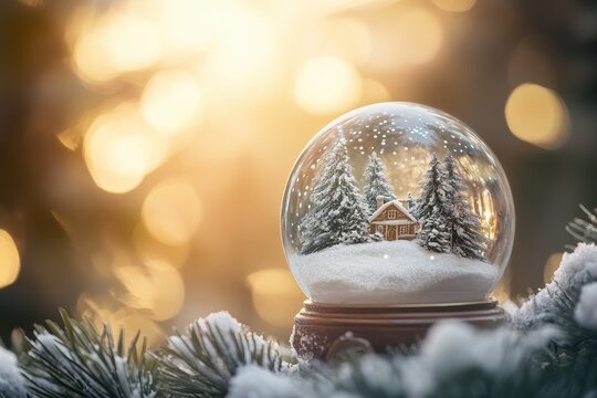 Winter wonderland snow globe resting on frosty tree branches under warm sunlight, Snow globe with winter scene inside, resting on trees and light bokeh in background