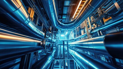 Industrial pipes and machinery interior, detailed view.