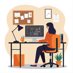 Working at home, freelancers working on laptops and computers at home. Vector flat style illustration