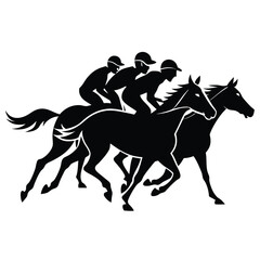 Black Silhouette of Horse Racing with Jockeys on a White Background