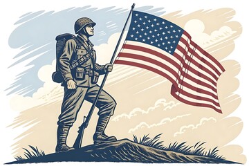 American Soldier Holding US Flag on Hill Patriotic Vintage Illustration