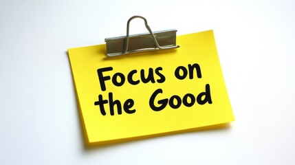 Yellow Sticky Note With Paperclip And Motivational Quote, Focus On The Good, On White Background