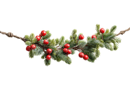 PNG Festive garland with evergreen branches and red berries isolated on black background