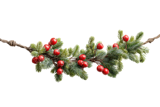 PNG Festive garland with evergreen branches and red berries isolated on black background
