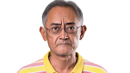 Asian Man in Eyeglasses with Worried Facial Expression, cut out transparent