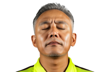 Asian man, gray hair, eyes closed, wearing yellow shirt, cut out transparent