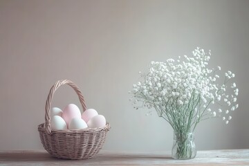 Pastel egg arrangement in rustic basket with delicate flowers on wooden table for festive spring celebration
