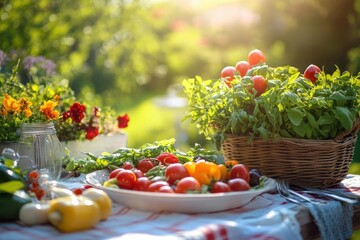 Gourmet dish featuring fresh vegetables enjoyed outdoors in a sunlit garden setting amidst vibrant colors and natural beauty during a warm afternoon