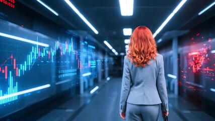 Businesswoman walking through a futuristic data corridor with digital graphs and analytics displayed