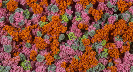 Abstract colorful micro-organisms pattern, vibrant texture design, orange, pink and green background, macro close-up.