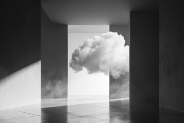 Floating cloud inside minimalist room in surreal black and white composition, architectural space featuring an atmospheric sky view through openings in the structure