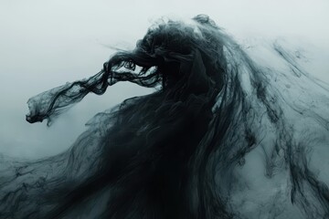 Swirling abstract black smoke forms dynamic shapes in the air creating an ethereal atmosphere during early morning hours