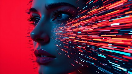 Glitch-art portrait with pixel trails and 2000s typography, bold red and cyan tones, copy space on side