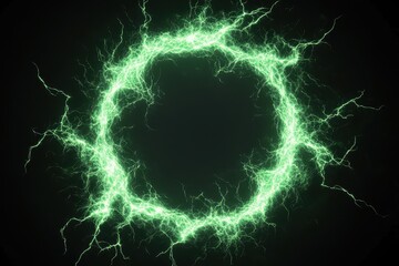 Glowing electric green plasma hologram forming a circular pattern, showcasing intricate energy dynamics in a dark background
