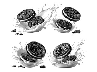 4 sets of different cookies with cream and milk splashes, chocolate cookie with milk splash on transparent background