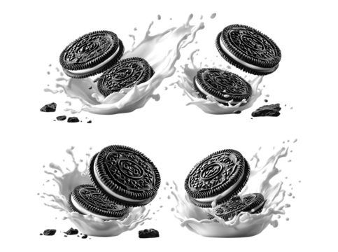 4 sets of different cookies with cream and milk splashes, chocolate cookie with milk splash on transparent background