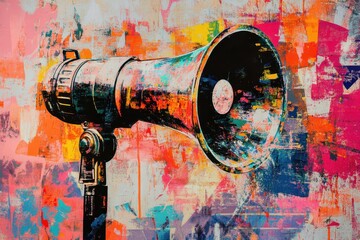 Megaphone collage art showcases vibrant protest banner design with bold colors and expressive patterns, conveying a message of activism and community engagement