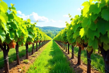 Naklejka premium Sun-drenched rows of grapevines stretch across a picturesque vineyard, ready for harvest Lush green leaves and ripening fruit under a clear blue sky , scenic view, autumn