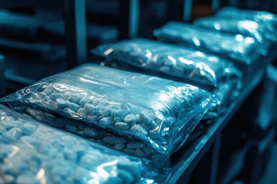 Bags of fentanyl discovered during drug trafficking investigation in an industrial setting, Fentanyl Bags Dangerous Drug Moving Shot