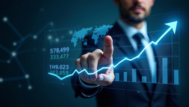 Businessman's finger presses a futuristic touch screen interface, symbolizing digital communication and the future of business technology