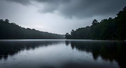 Obraz premium Calm Lake Under Overcast Sky with Rain, Trees and Reflective Water Landscape Photo.