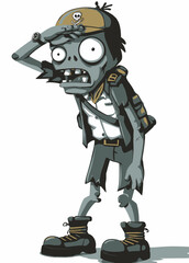 A vigilant Zombie Scout wearing a torn uniform, watching from the shadows,