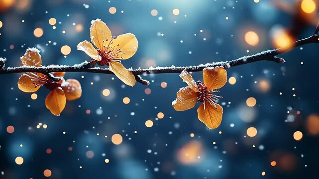 Magical Winter Blossoms: A Snowy Floral Branch with Bokeh Lights 50 characters