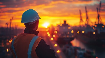 Worker observing sunset over industrial port maritime operations urban environment reflective viewpoint